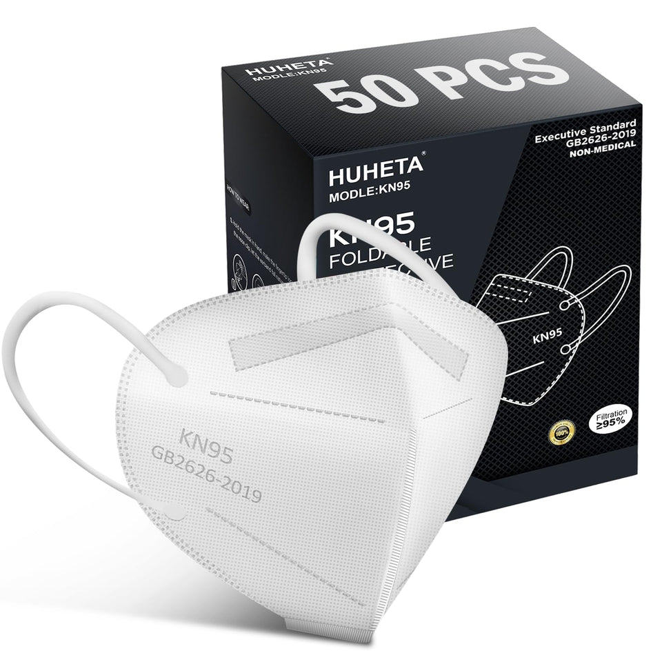 HUHETA 50-pack KN95 mask white, ready for daily use and travel.