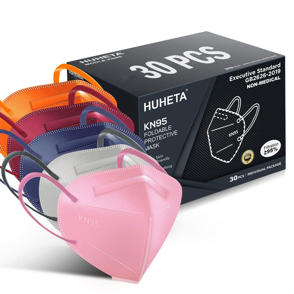 HUHETA KN95 face-mask-pack shows hygienic, individually wrapped units for quick, clean use.