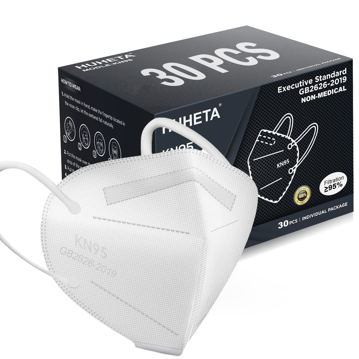 HUHETA KN95 face masks, 30-pack, individually wrapped, for on-the-go protection against dust and PM2.5
