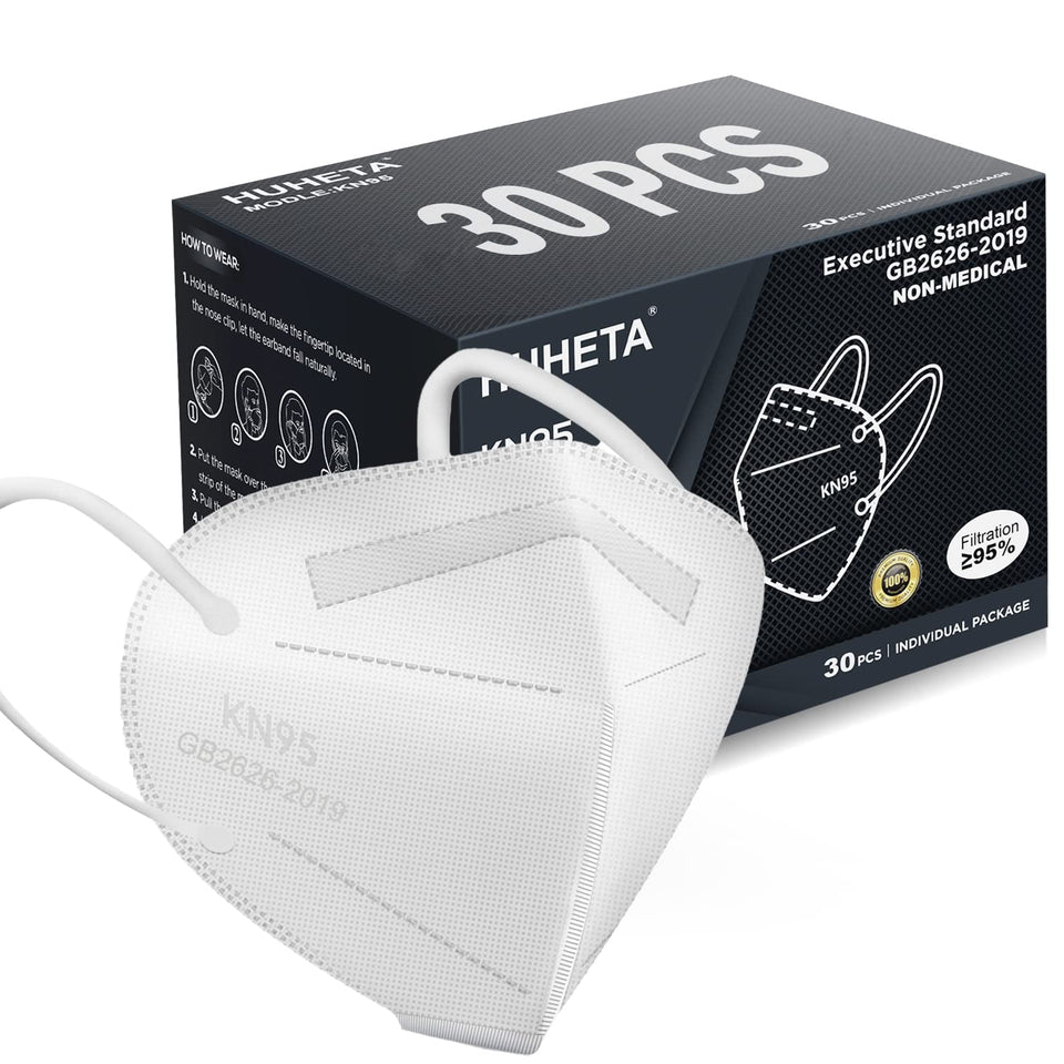 HUHETA KN95 face masks, 30-pack, individually wrapped, for on-the-go protection against dust and PM2.5
