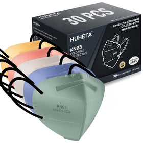 HUHETA KN95 masks for adults in a 30-pack with 5-ply filtration.