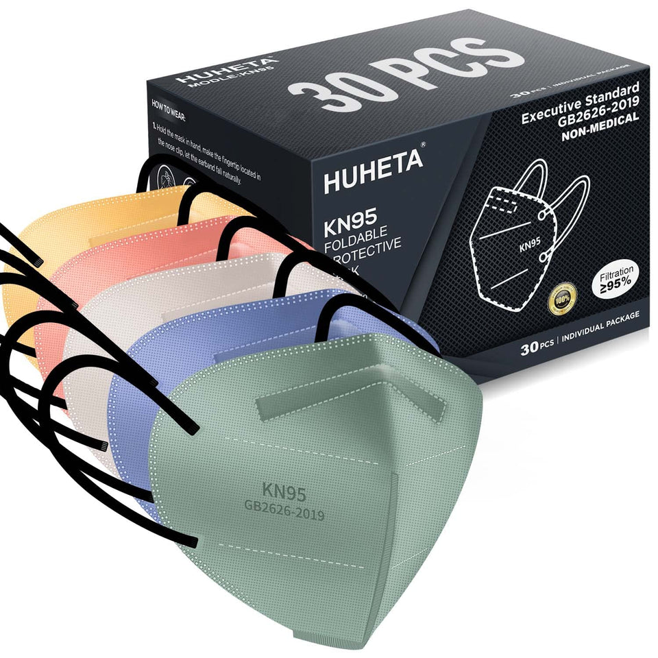 HUHETA KN95 masks for adults in a 30-pack with 5-ply filtration.