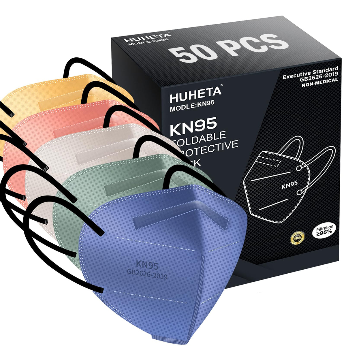 HUHETA KN95 mask with 3D cup design for a secure, comfortable fit.