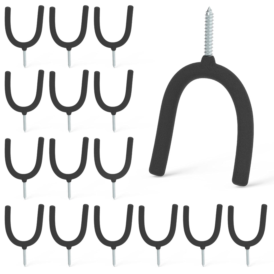 HUHOLE 16-pack screw-in U hooks arranged for versatile home organization in a garage or pantry.