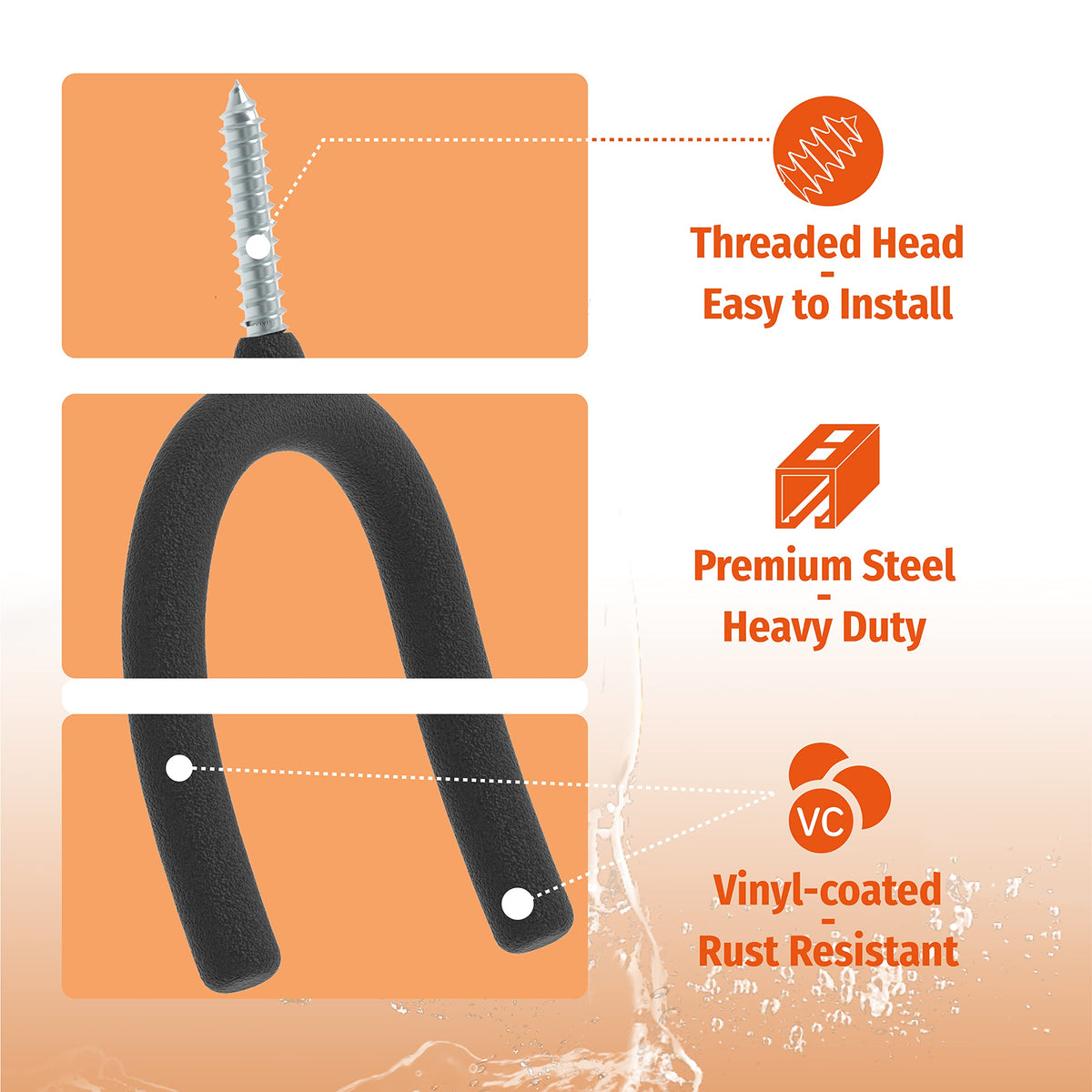 HUHOLE 20lb-capacity steel hooks support brooms and mops without crowding wall space.