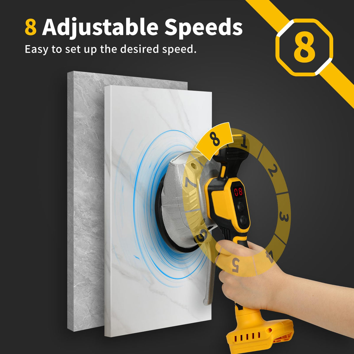 HUICCN tile vibration machine battery compartment view notes DeWALT 20V compatibility.