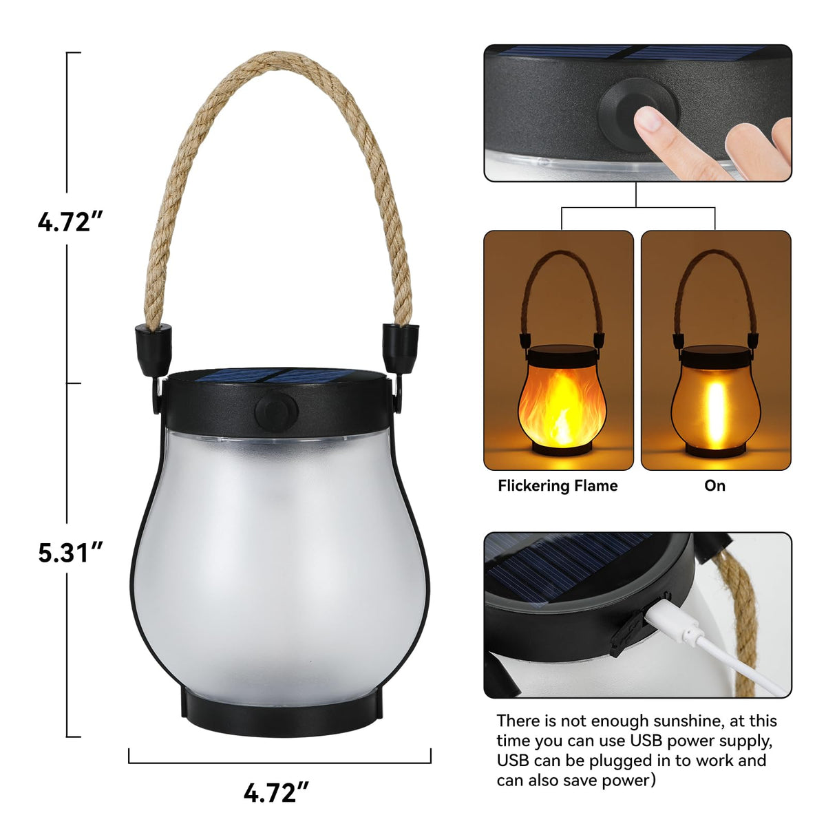HuiZhen solar lantern with USB backup power for cloudy days.