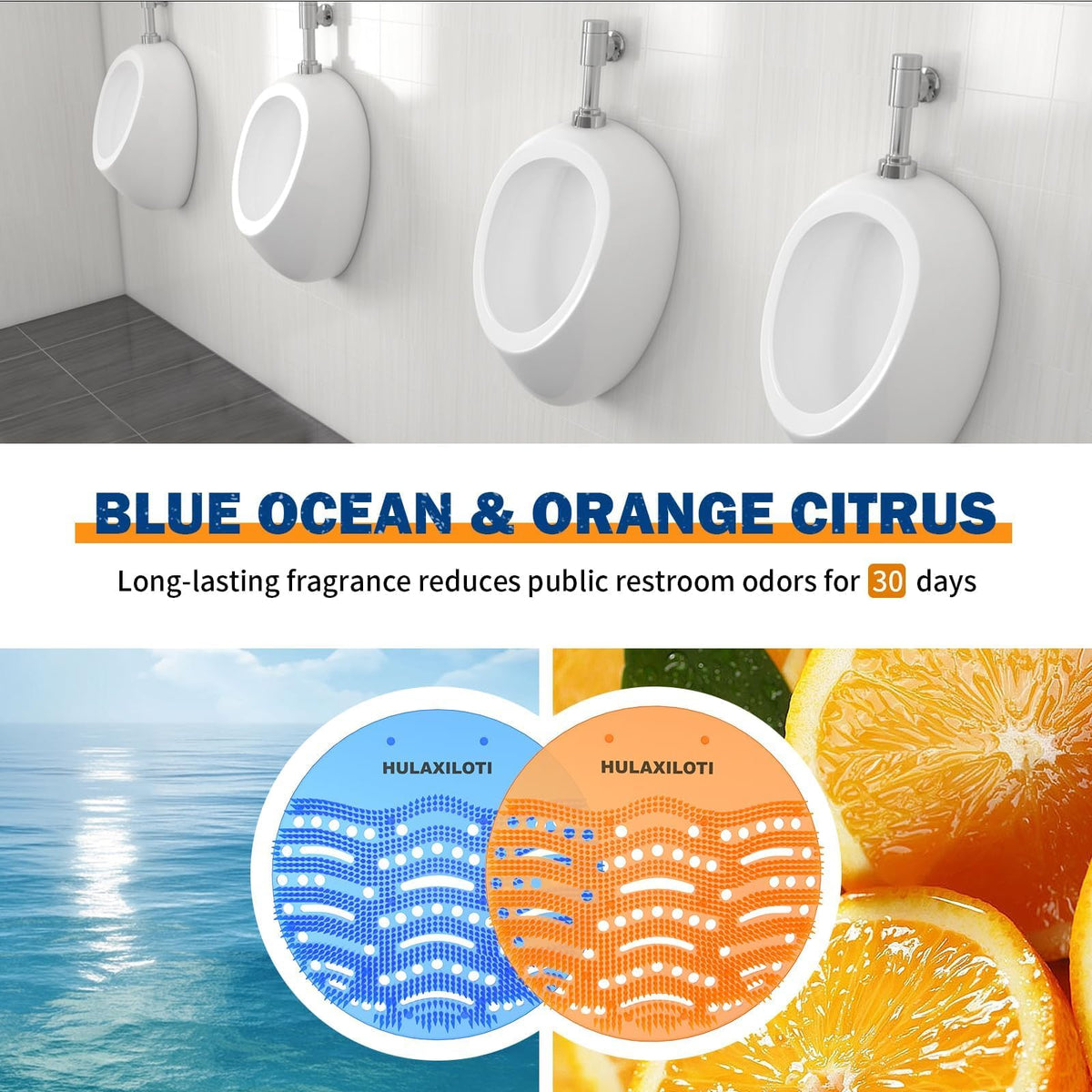 HULAXILOTI urinal screen deodorizer orange reduces odors in busy restrooms.