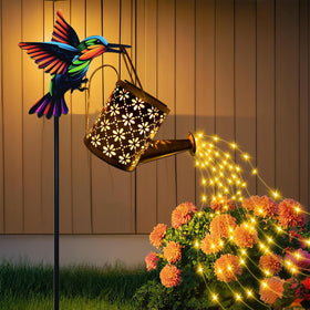 Hulonrua solar watering can with cascading lights creating a magical dusk glow