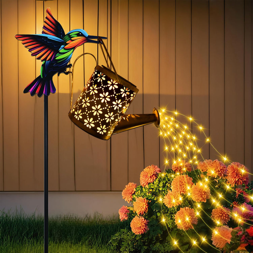 Hulonrua solar watering can with cascading lights creating a magical dusk glow