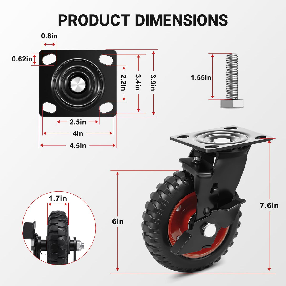 Humagineer caster with brake, close-up, secure locking for stability on inclines.