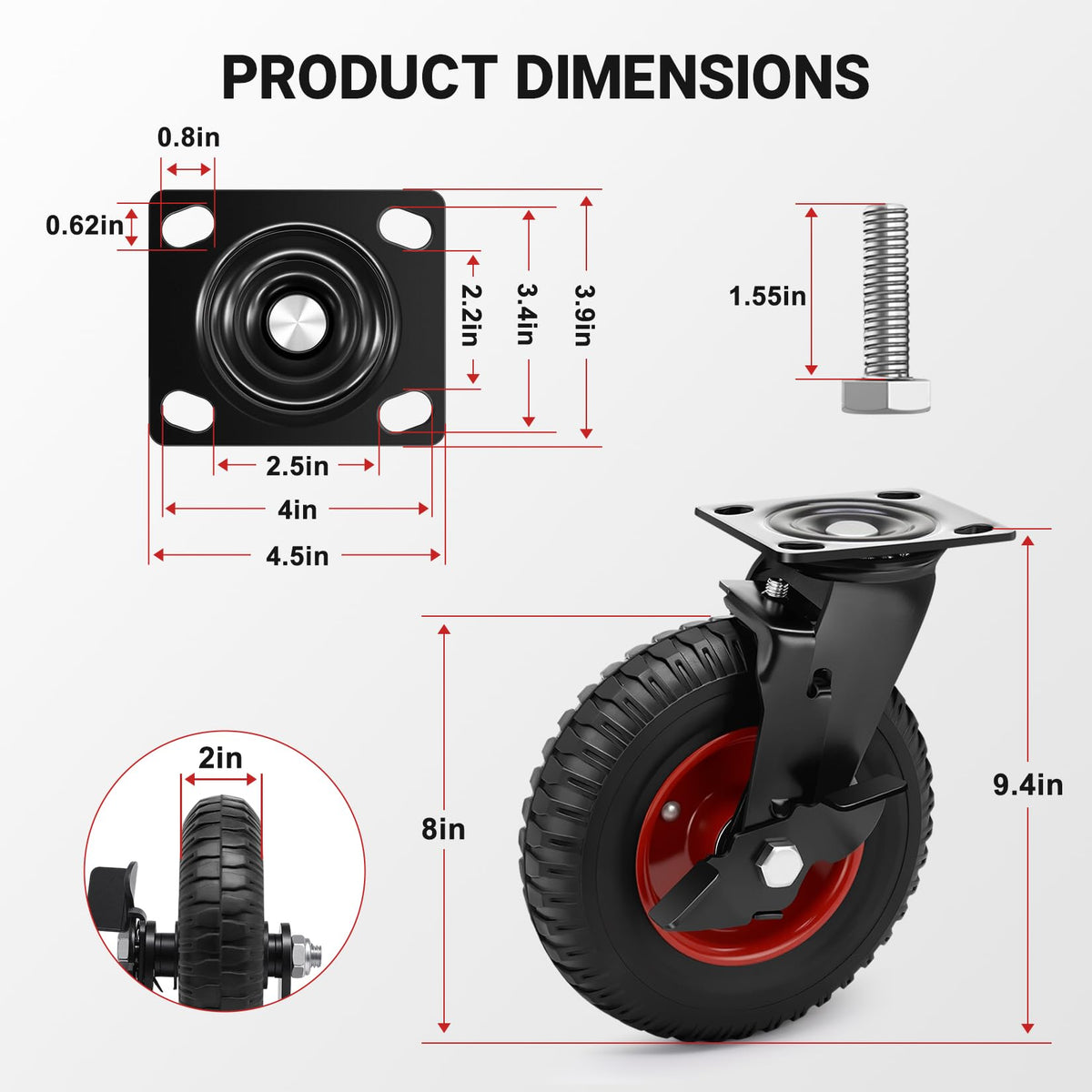 Humagineer 8in outdoor caster wheel side view showing plate mount and durability