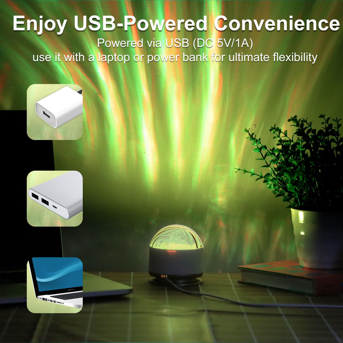 Humiiyeye Northern Light Projector powered by its built-in battery for wireless use