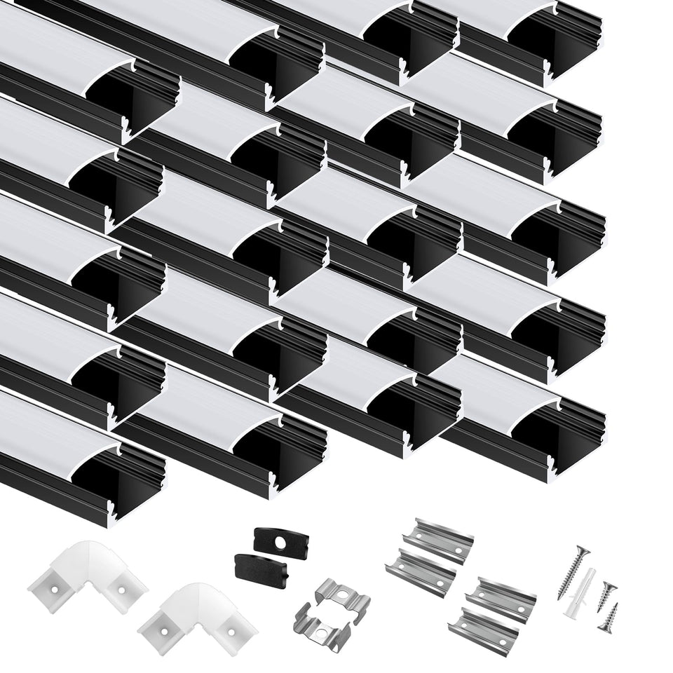 Hunhun 20-pack black LED channel with milky diffuser end caps for seamless under-cabinet lighting
