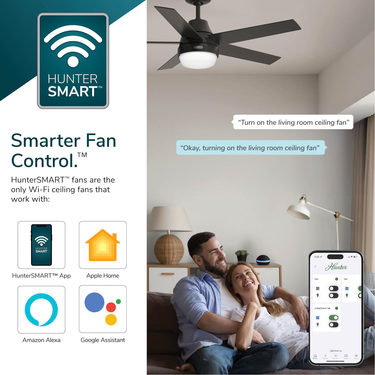 Hunter Aerodyne smart compatibility with Alexa, HomeKit, and Google Assistant.