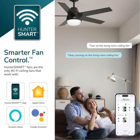 Hunter Aerodyne smart compatibility with Alexa, HomeKit, and Google Assistant.