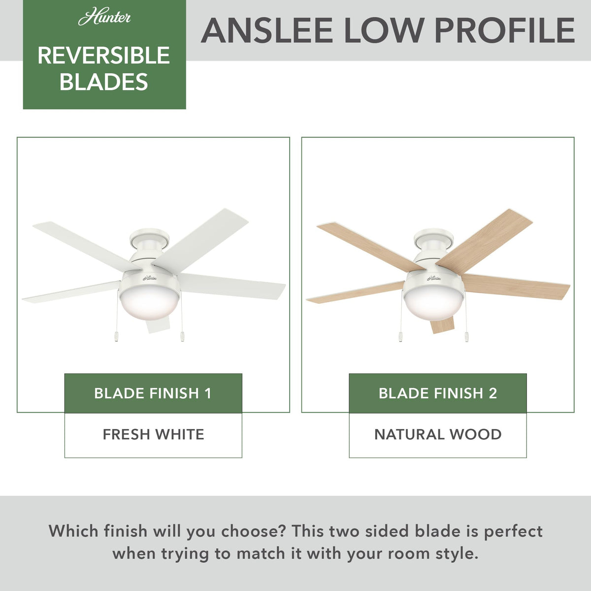 Hunter Anslee WhisperWind motor delivers strong airflow with quiet operation for steady comfort