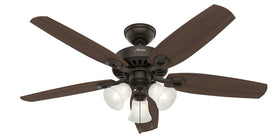 Hunter Builder Plus 52-inch bronze ceiling fan with LED lights, ideal for bright living room cooling.
