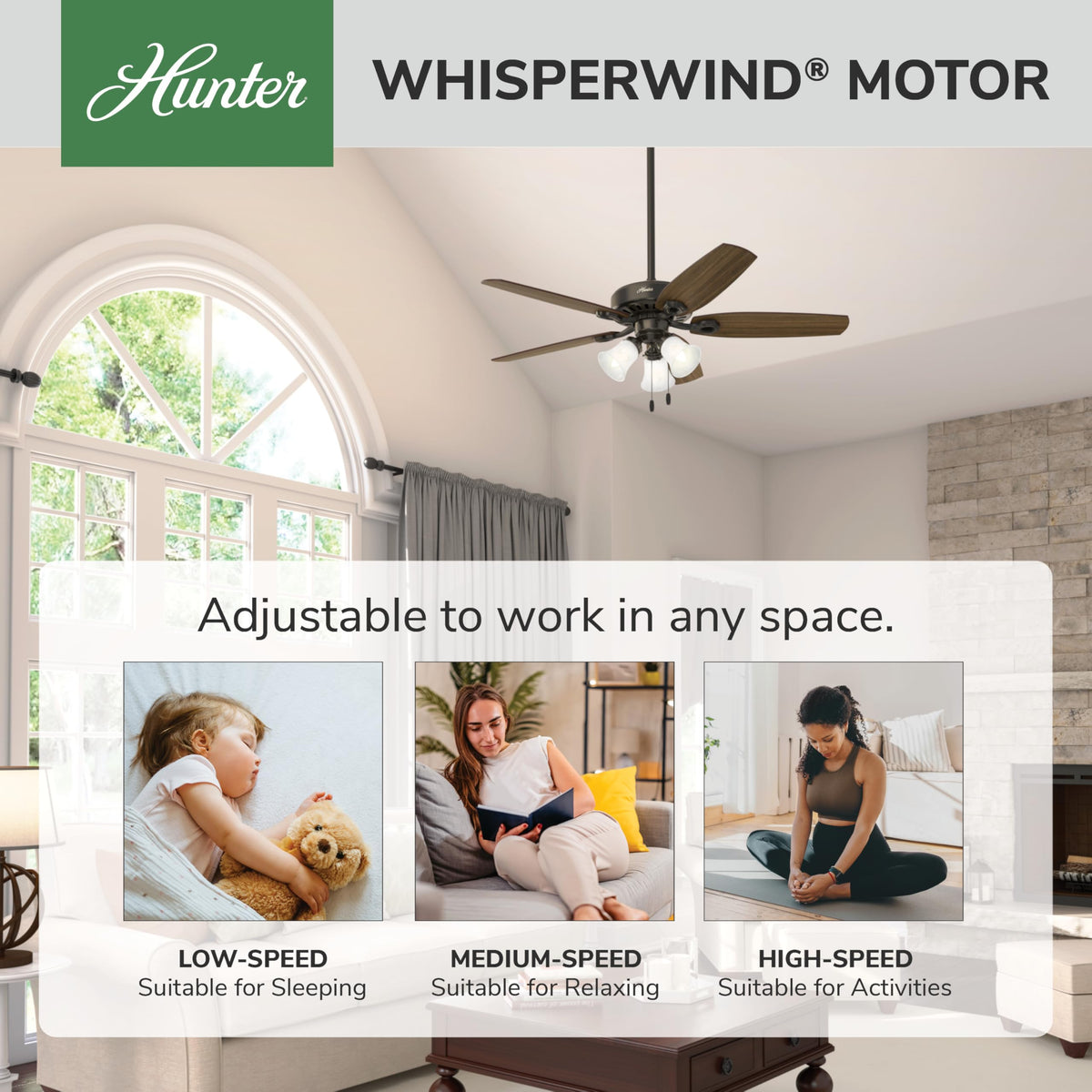 Hunter Builder Plus LED bulbs included for immediate energy-efficient lighting in any room.