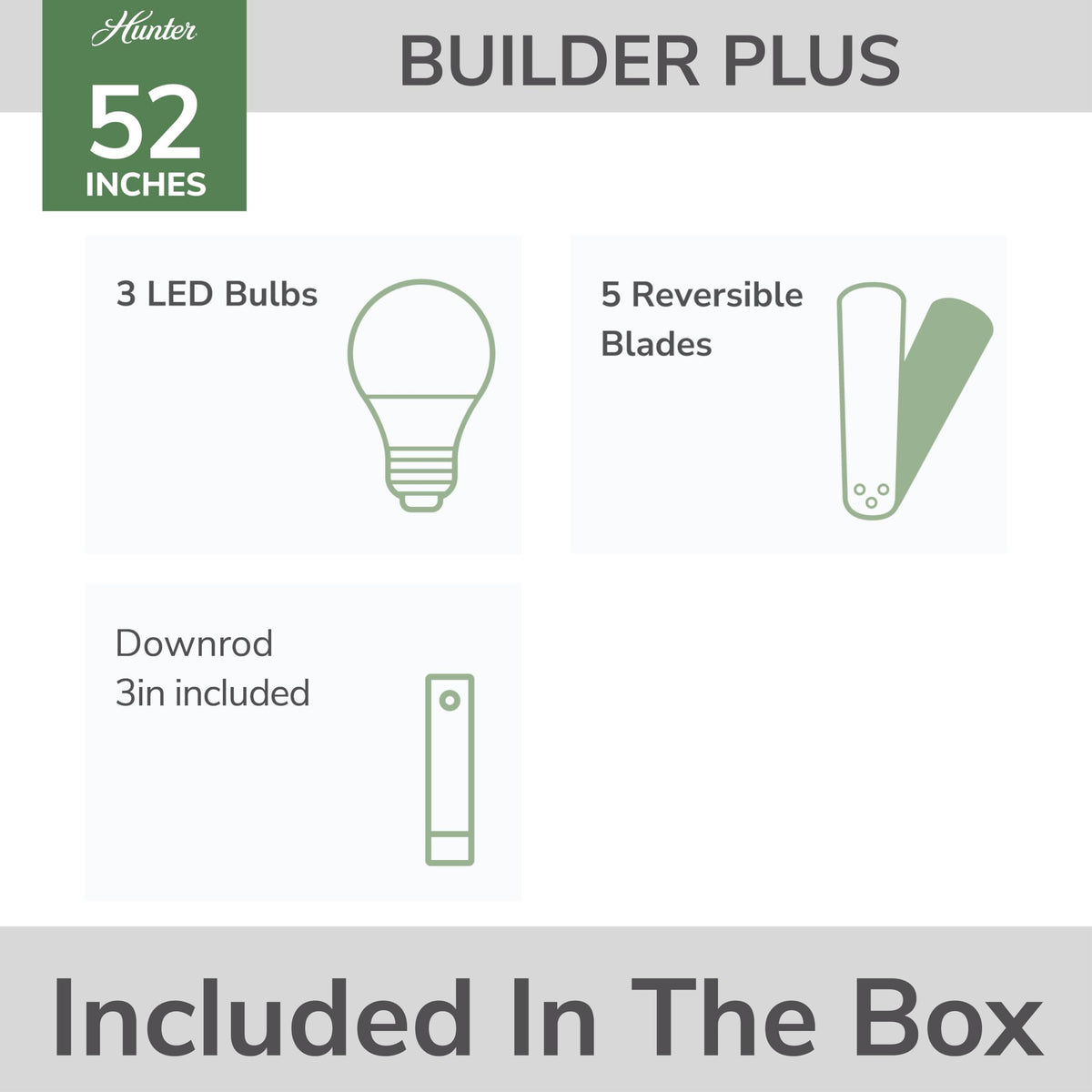 Hunter Builder Plus pull-chain control for easy speed and light adjustment without a remote.