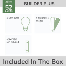 Hunter Builder Plus pull-chain control for easy speed and light adjustment without a remote.