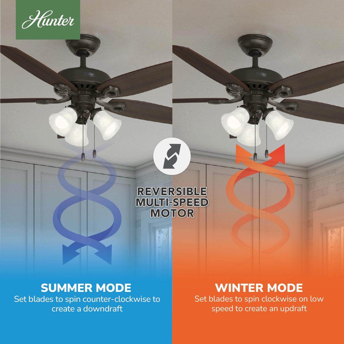 Hunter Builder Plus whisperwind motor provides strong airflow with quiet operation.