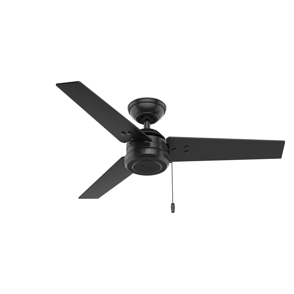 Hunter Cassius 44-inch fan no light in matte black for versatile indoor or outdoor spaces.
