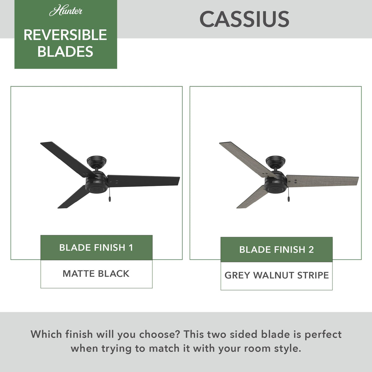 Hunter Cassius pull-chain control offers dependable speed adjustments without remotes.