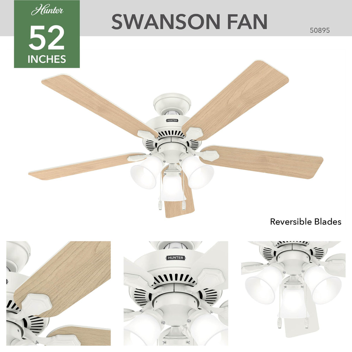 Hunter Swanson 13-degree blade pitch optimizes airflow in larger rooms.