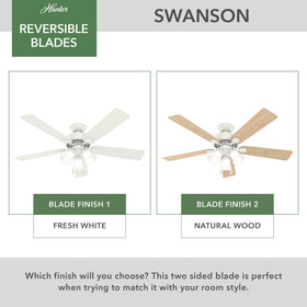 Hunter Swanson reversible blades for summer cooling and winter warmth distribution.