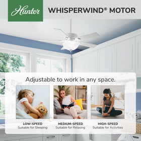 Close-up of white blades on a Hunter Swanson fan for timeless decor