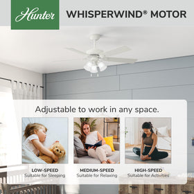 Hunter Swanson white finish ceiling fan with quiet performance for casual spaces.