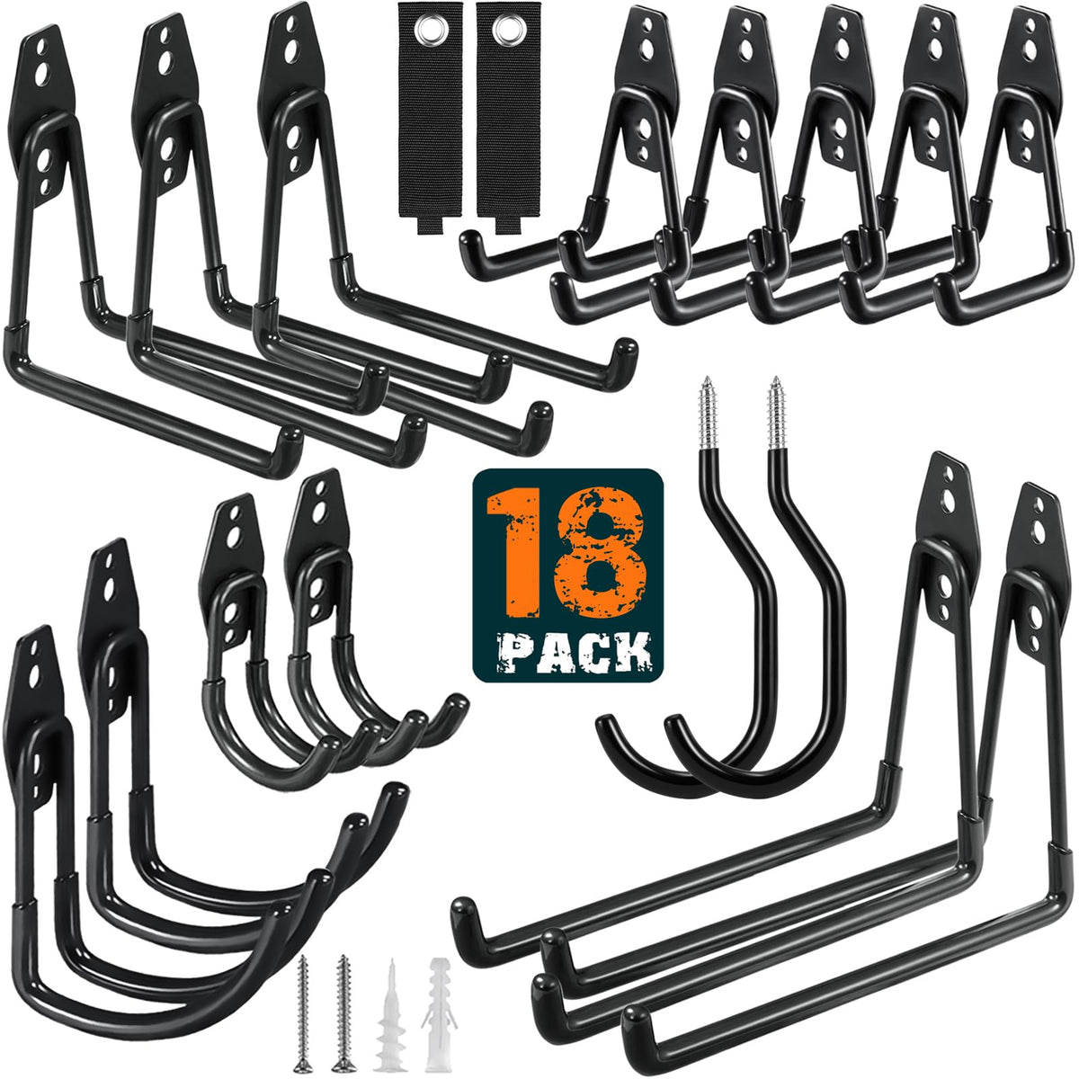 HUPBIPY 18-pack garage hooks with heavy-duty steel and anti-slip coating for secure hanging