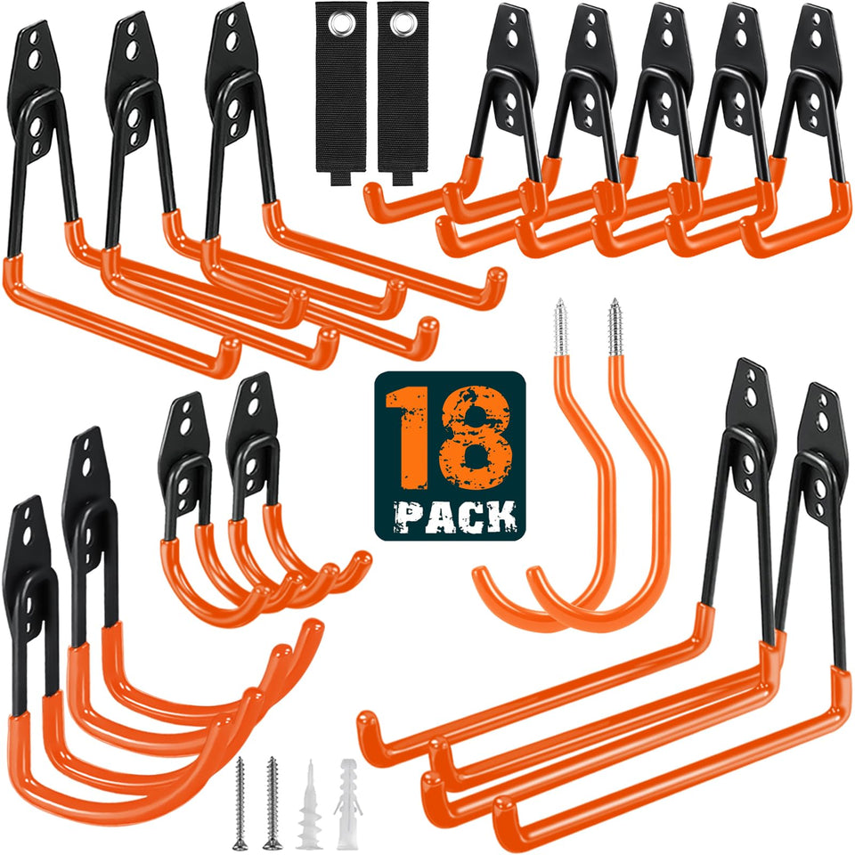 HUPBIPY 18-pack garage hooks feature heavy-duty steel and anti-slip coating for secure hanging.