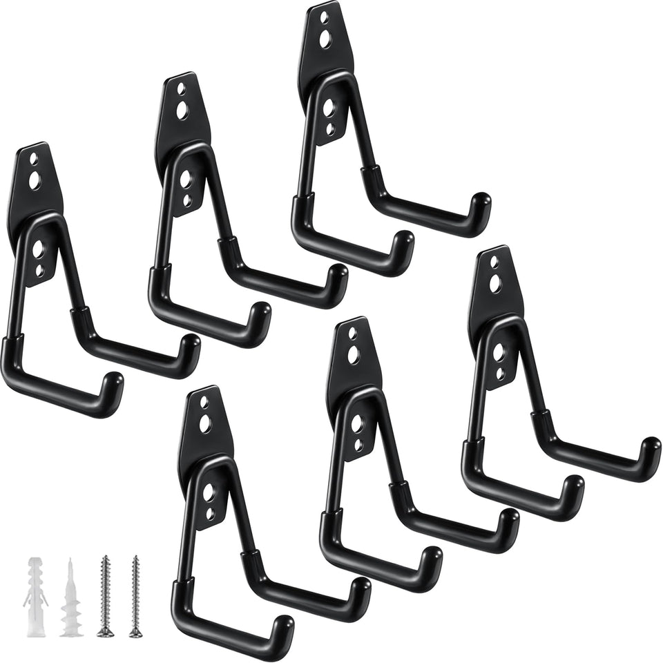 HUPBIPY heavy-duty garage hooks six-pack for secure tool storage.