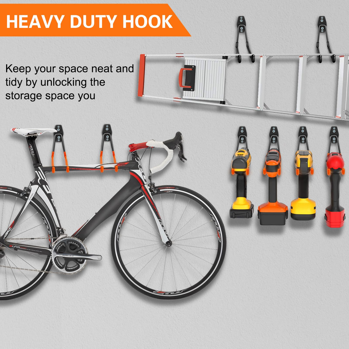 HUPBIPY hooks holding ladders and brooms to save space