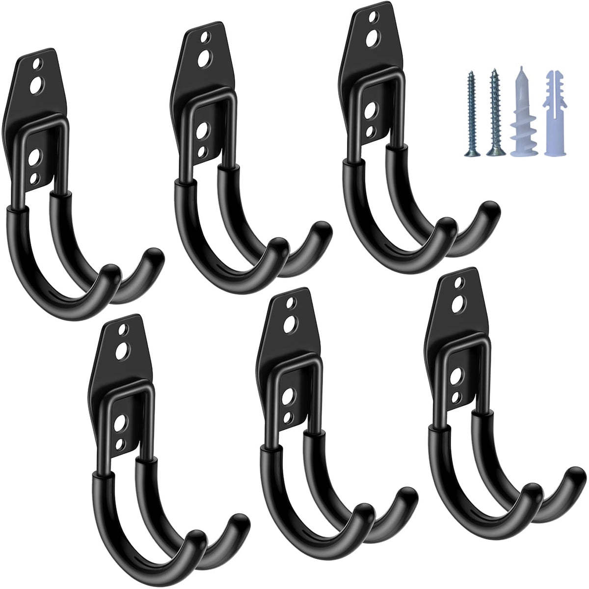HUPBIPY heavy-duty garage hooks 6-pack on wall for tidy tool organization.