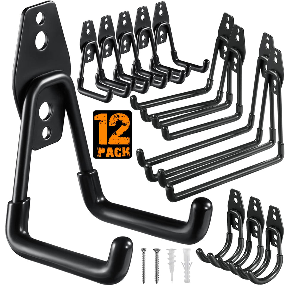 HUPBIPY heavy-duty steel garage hooks securely mounted for tool hanging