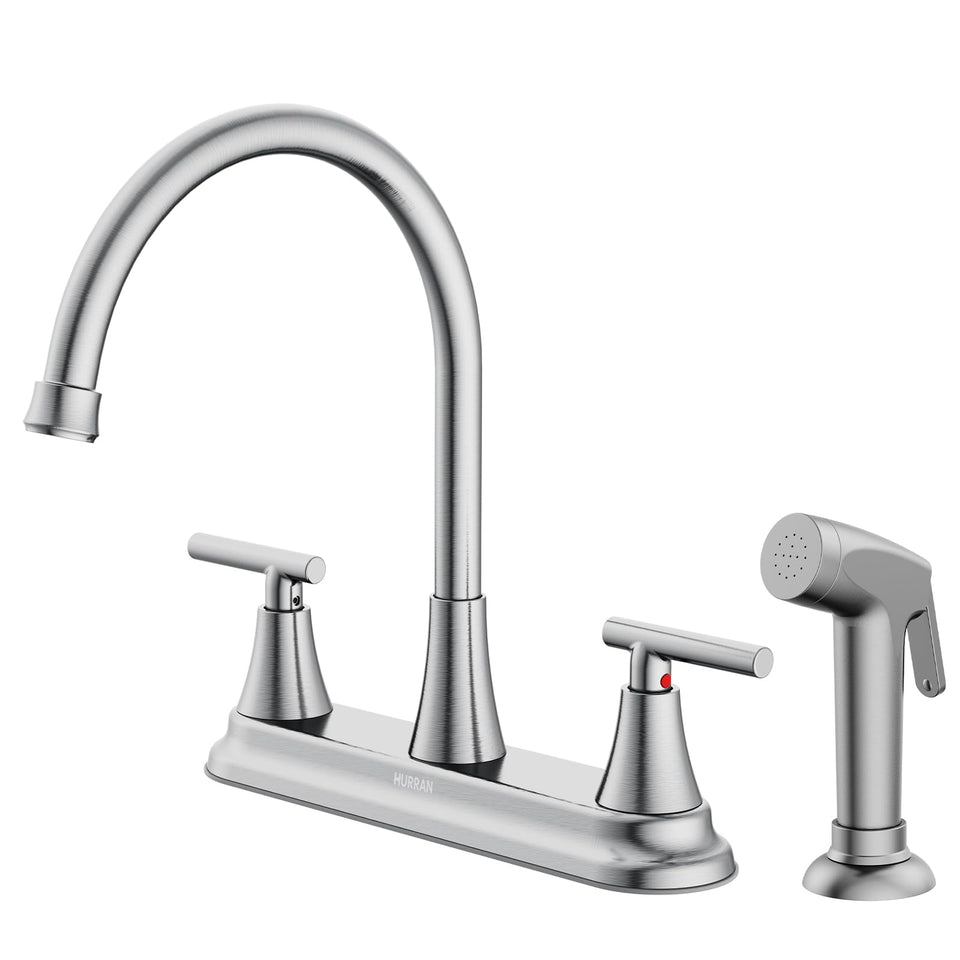 HURRAN 2-handle faucet with pull-out sprayer in use for sink cleaning