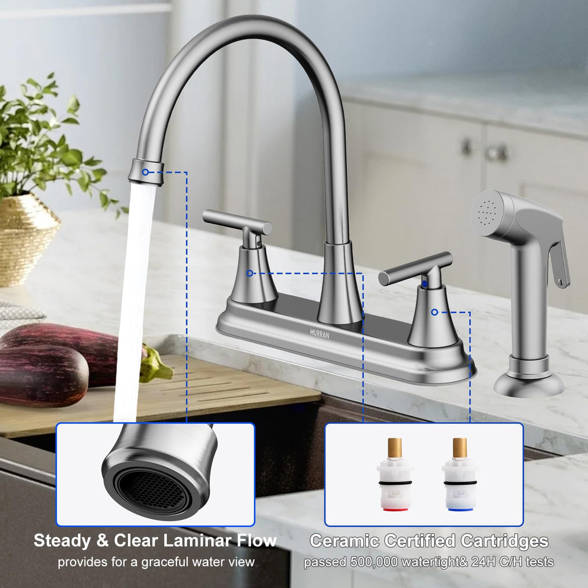 HURRAN 8-inch 4-hole installation compatible for versatile sinks
