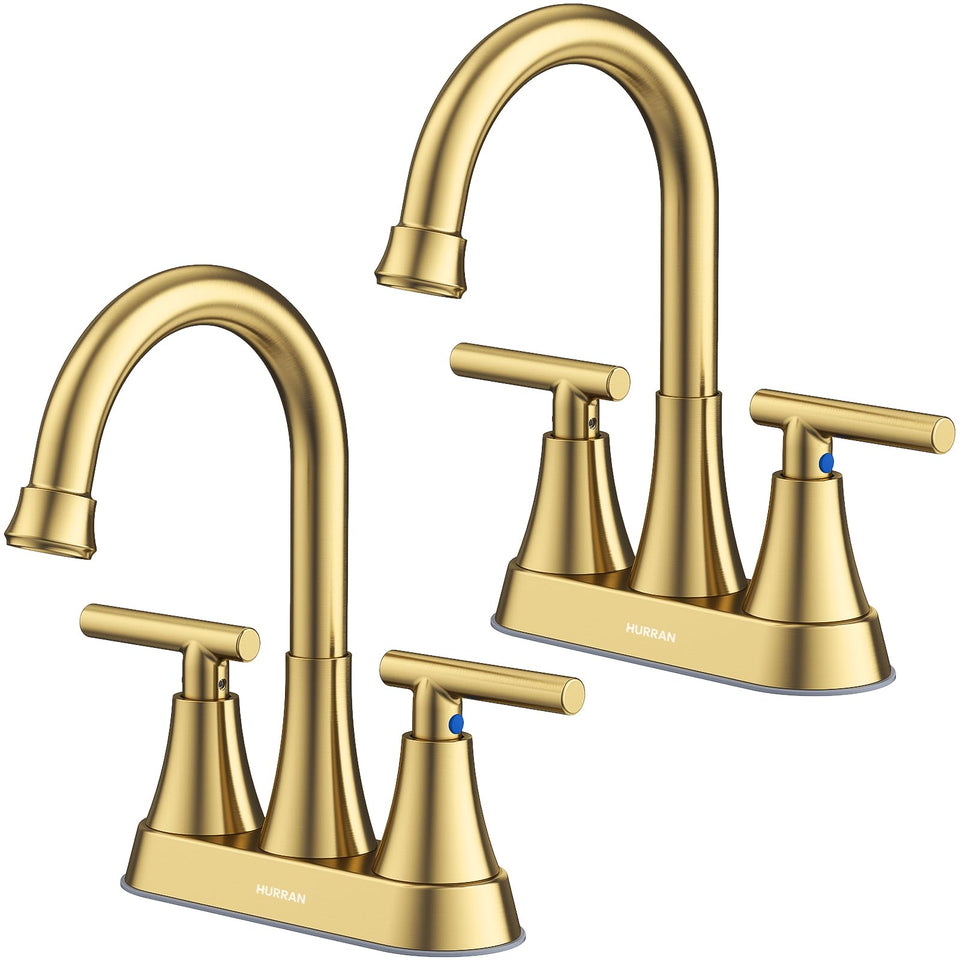 Hurran 4-inch centerset brushed gold faucet spout for wide sink clearance.