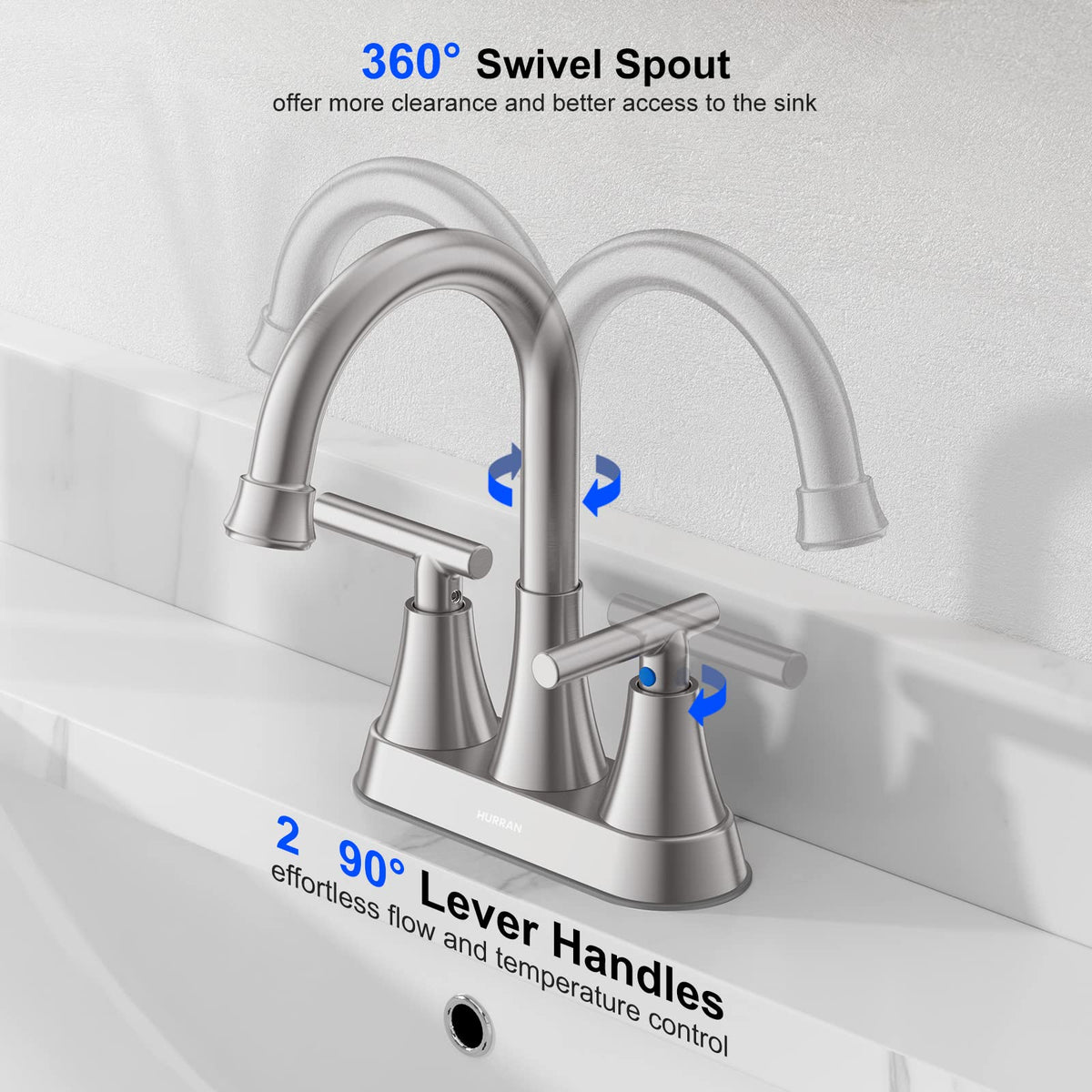 Hurran 360-degree swivel spout creates extra sink space for grooming tasks