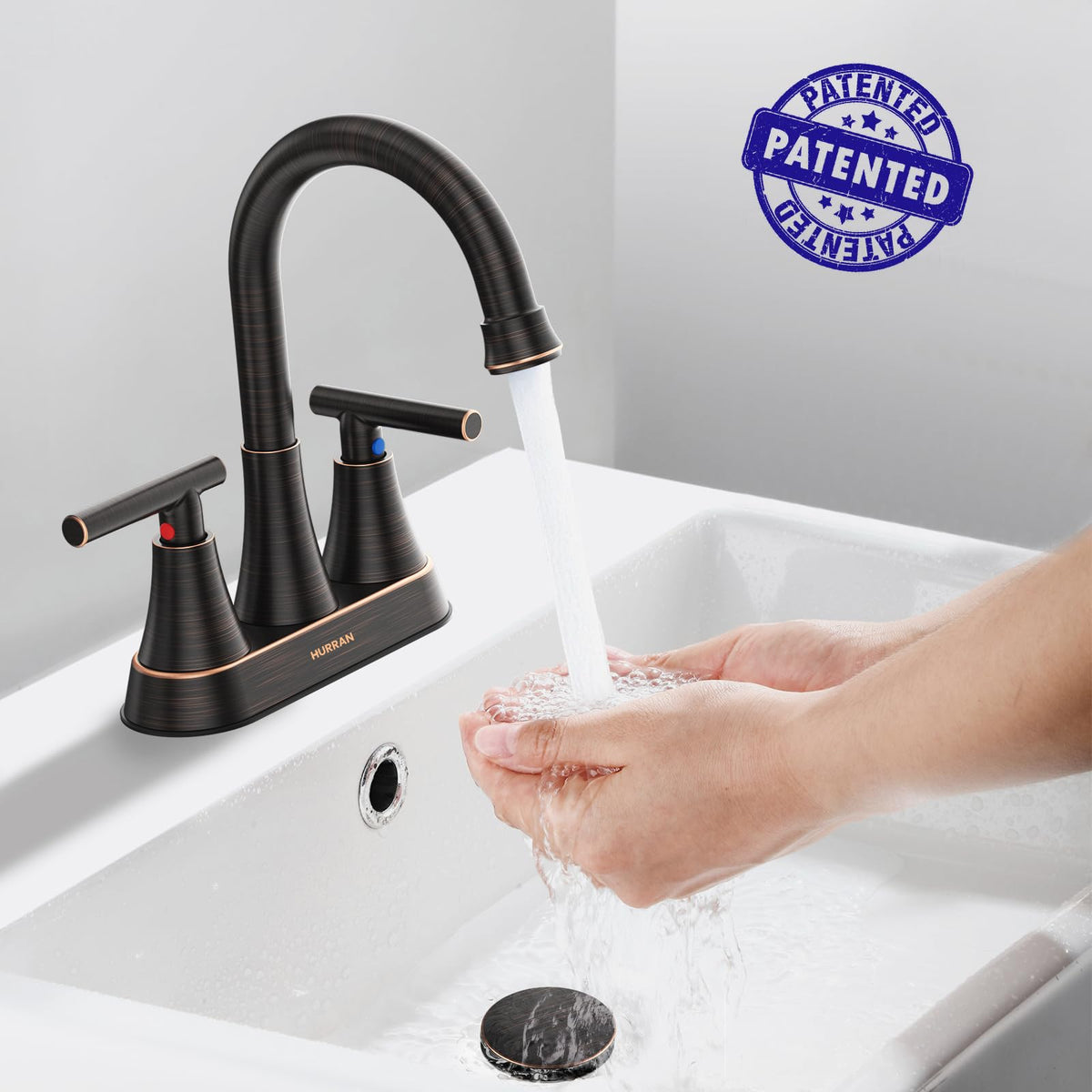 Hurran faucet with 360-degree swiveling spout for versatile use.