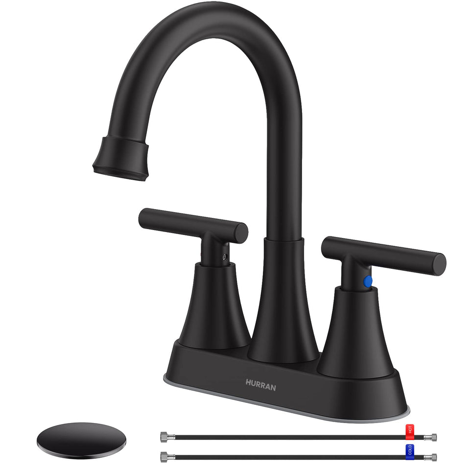 Hurran matte black faucet with 4-inch centerset design and modern finish.