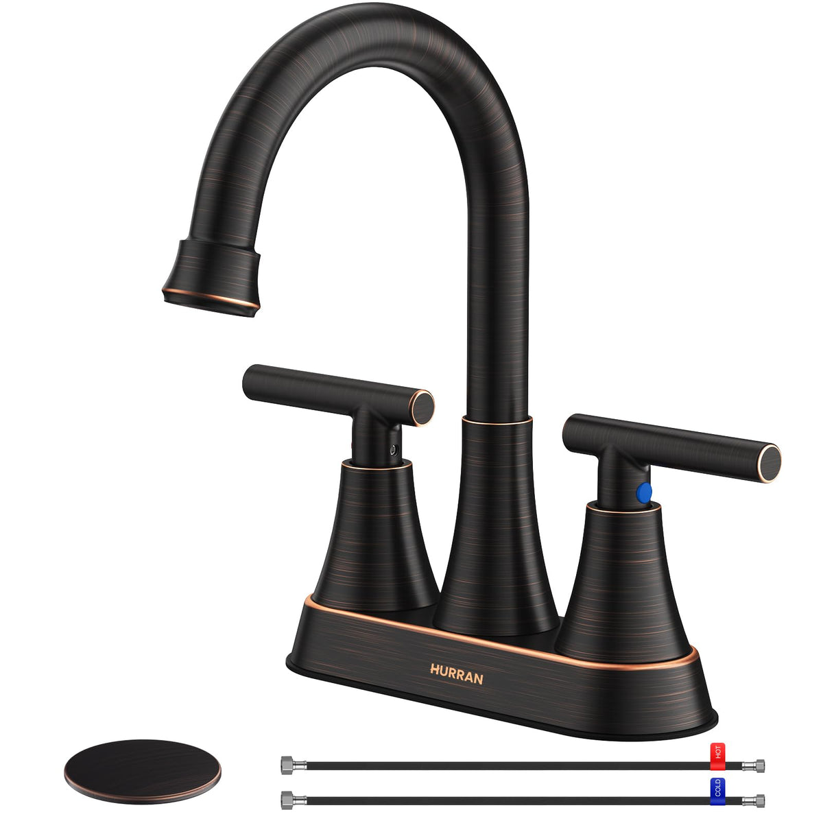 Hurran 4-inch centerset faucet close-up, durable oil-rubbed bronze finish.