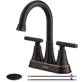 Hurran 4-inch centerset faucet close-up, durable oil-rubbed bronze finish.