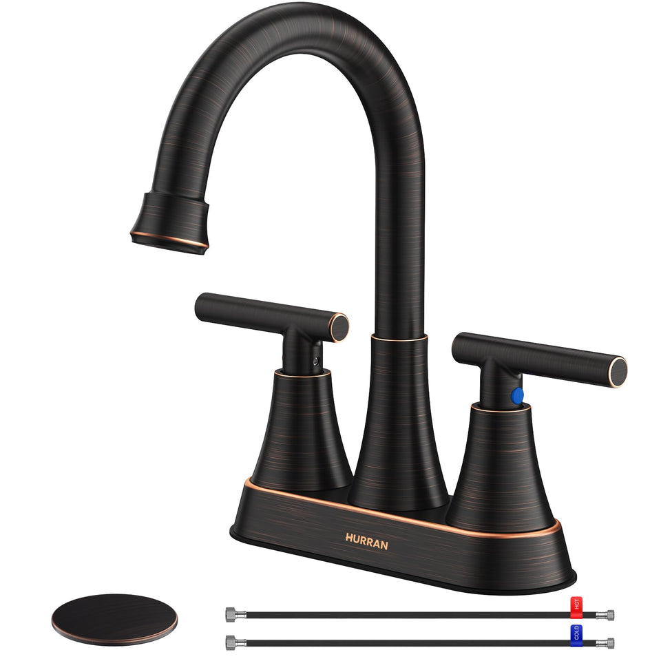 Hurran 4-inch centerset faucet close-up, durable oil-rubbed bronze finish.