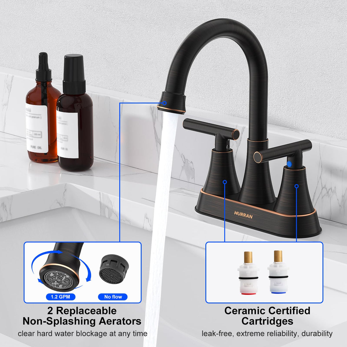 Hurran pop-up drain with overflow keeps vanity clean and functional.
