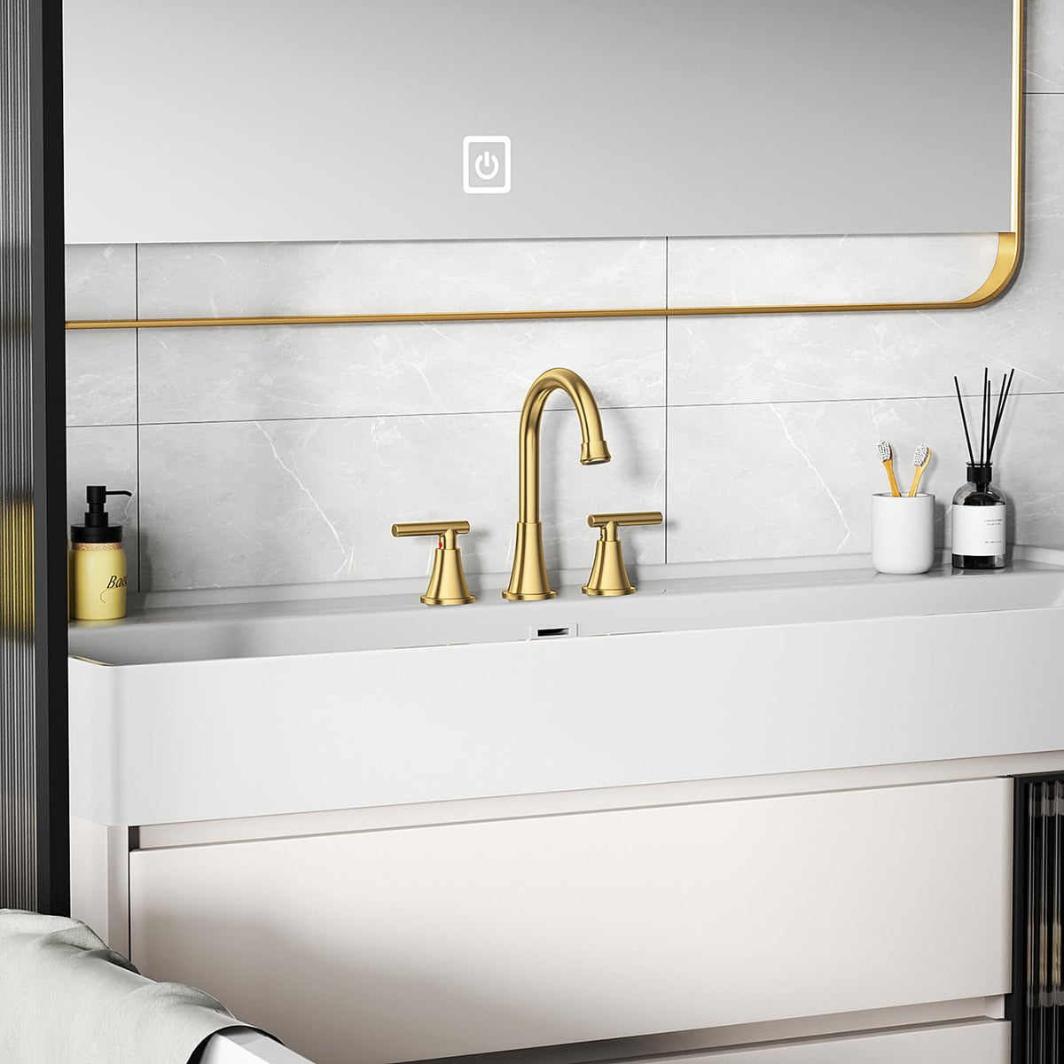 Hurran Brushed Gold finish resists acid spray and maintains shine.