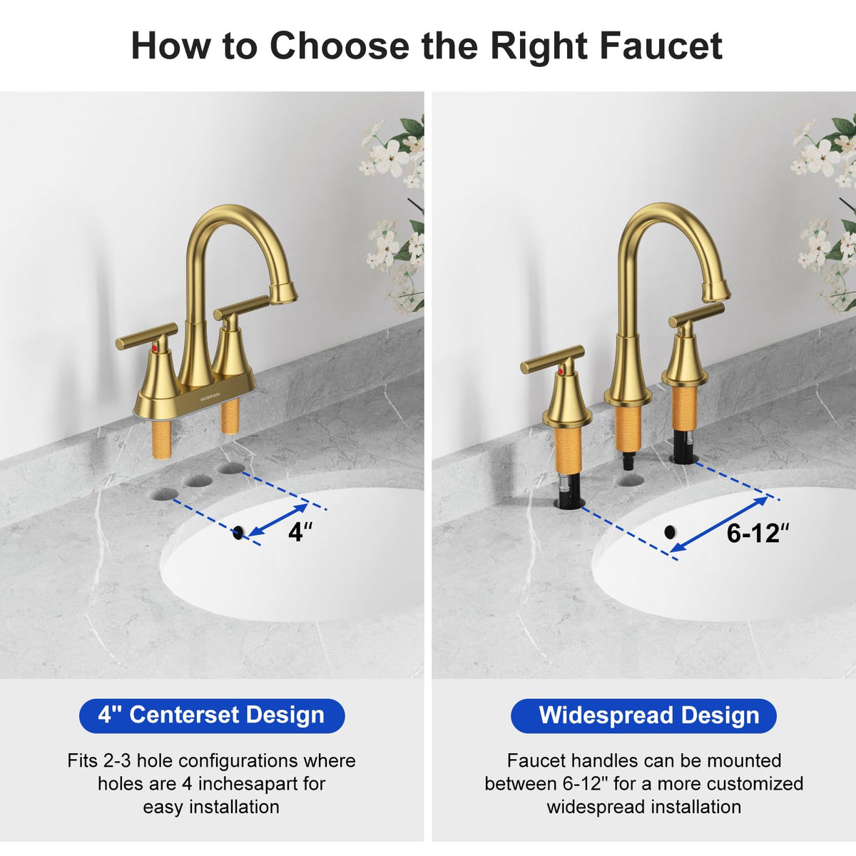 Hurran brushed gold faucet installed in a bathroom vanity or RV